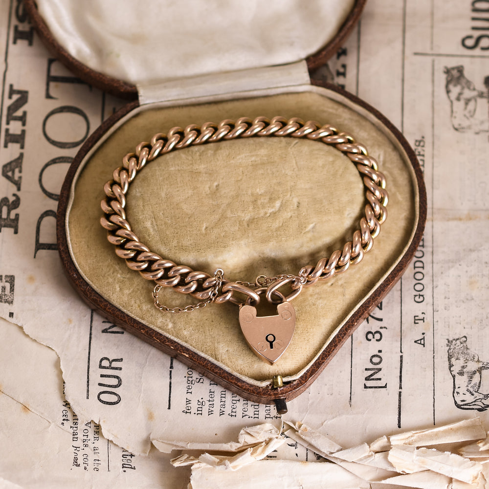 Victorian 15k Gold Curb Link Bracelet with Heart Padlock