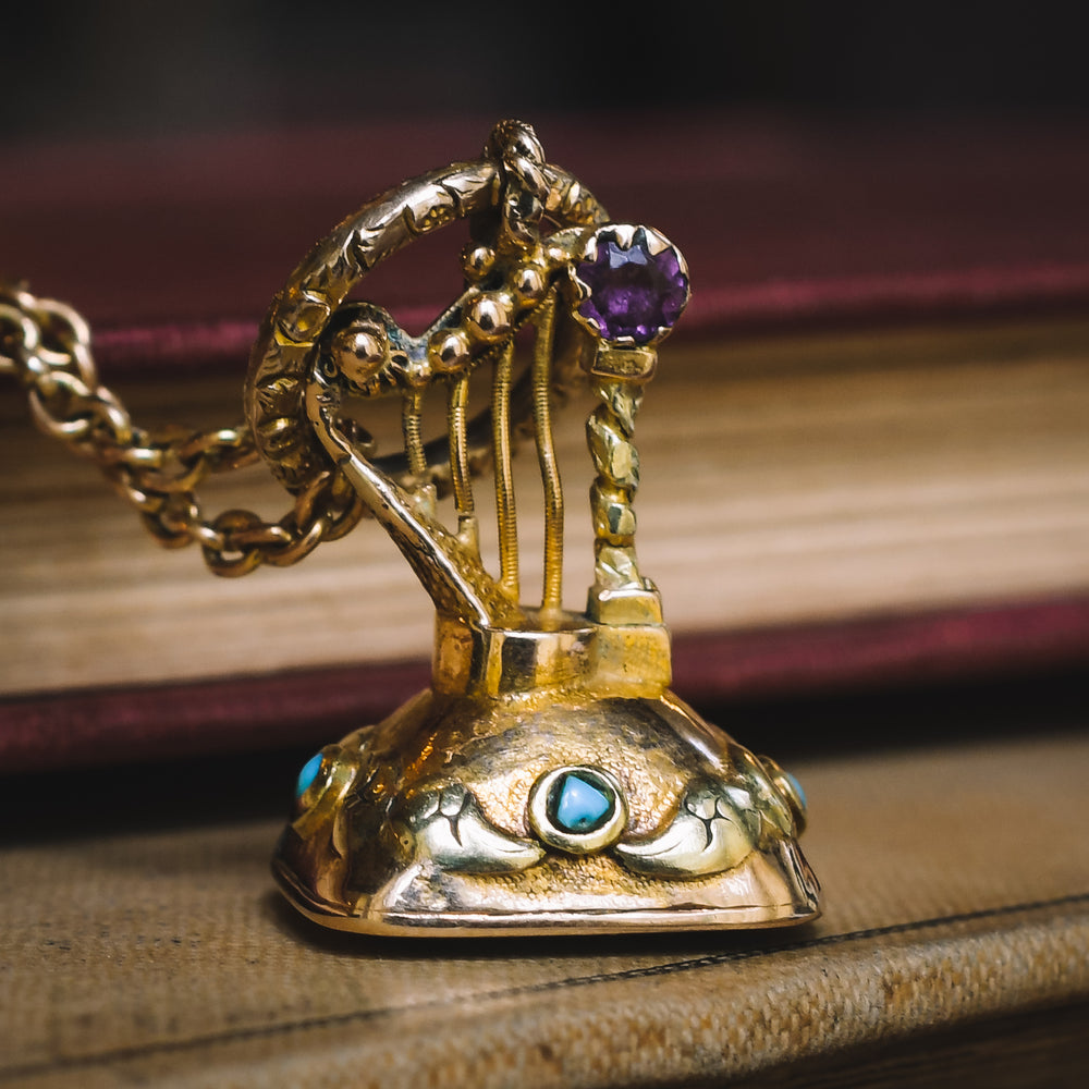 Georgian Turquoise & Amethyst Harp Fob Pendant