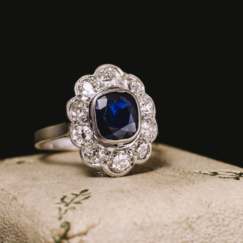 Edwardian Sapphire & Diamond Flower Engagement Ring