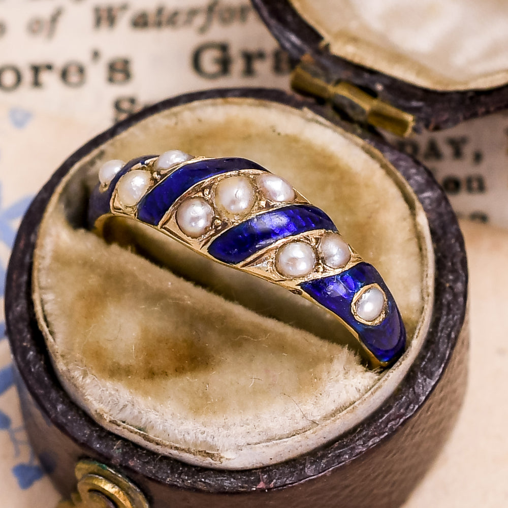 Early Victorian Blue Enamel & Pearl Locket Ring