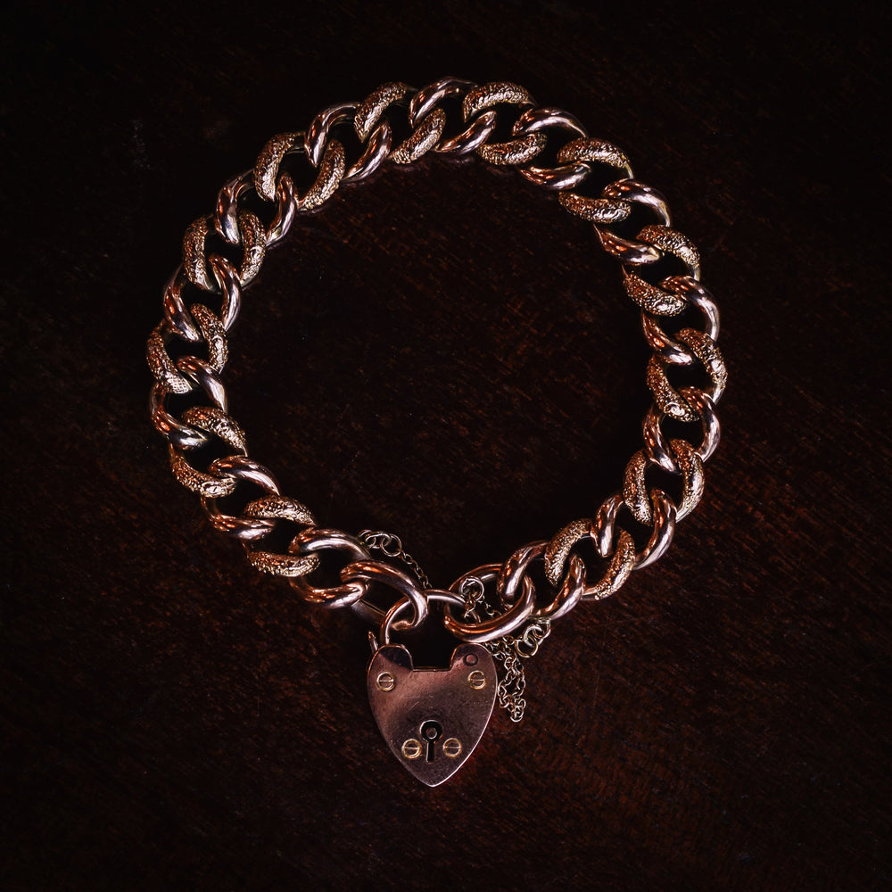 Victorian Rose Gold Curb-Link Heart Padlock Bracelet