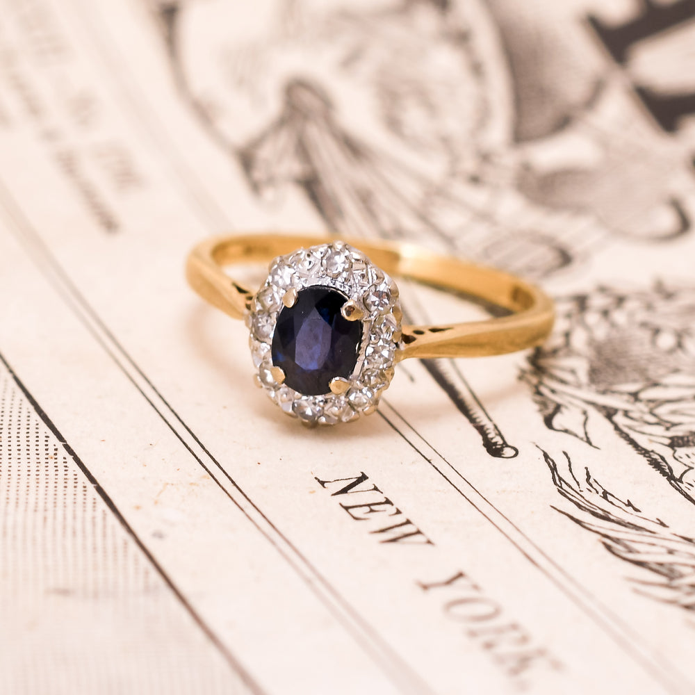 Edwardian Sapphire & Diamond Oval Cluster Ring