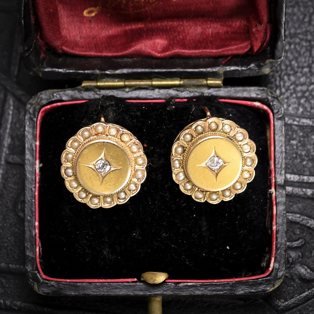 Etruscan Revival Diamond & Pearl Flower Earrings