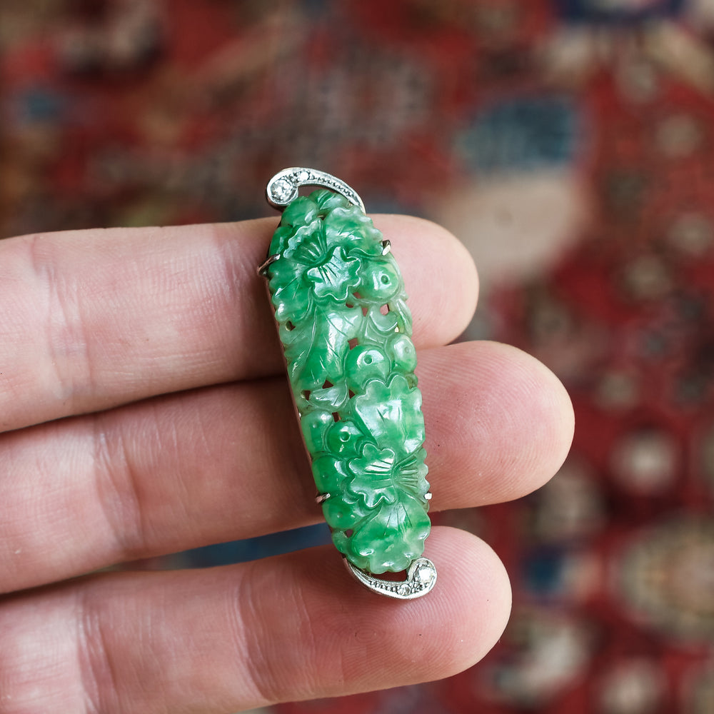 Art Deco Diamond & Carved Jade Opium Poppies Brooch