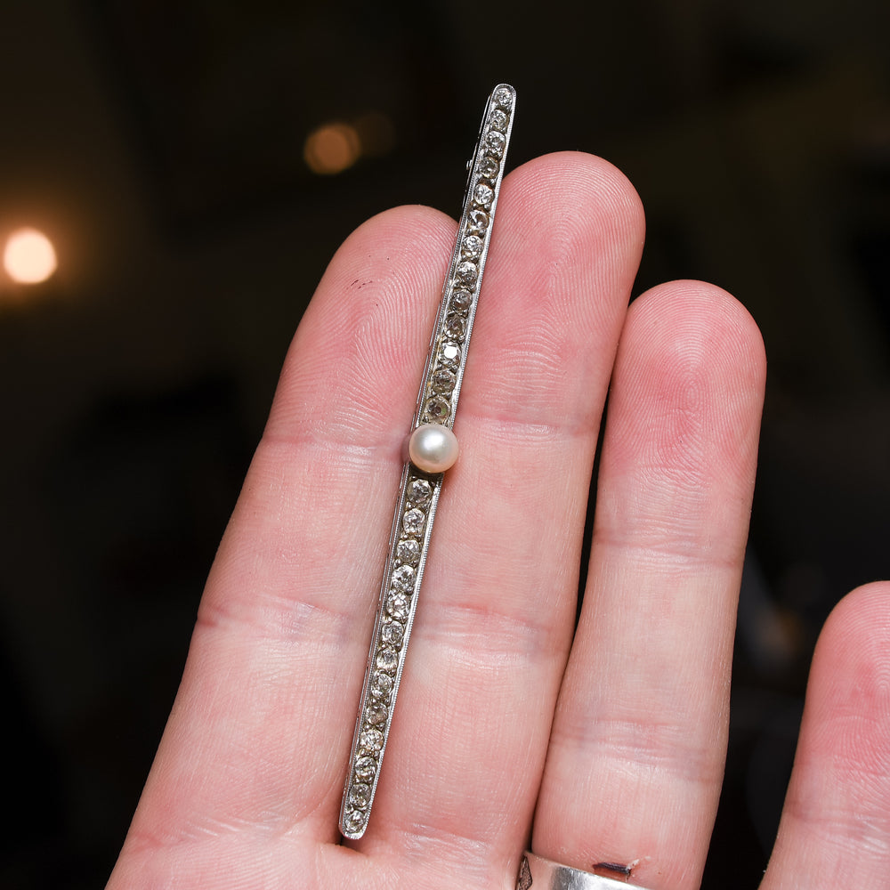 Edwardian Pearl & Diamond Bar Brooch