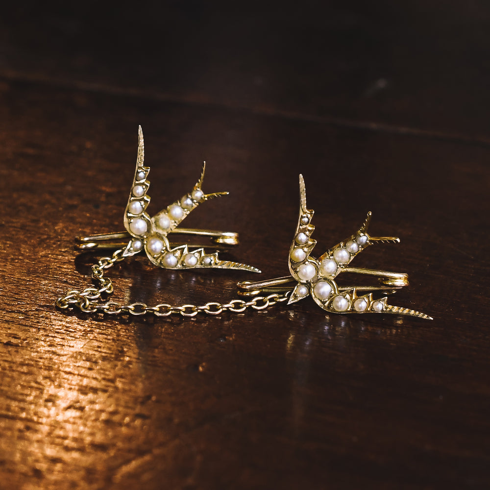 Victorian Pearl Double Swallows Brooch