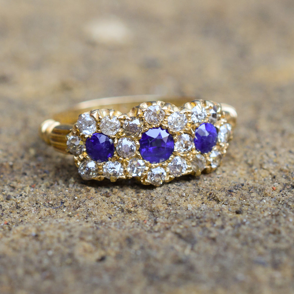 Edwardian Sapphire & Diamond Three-Stone Cluster Ring