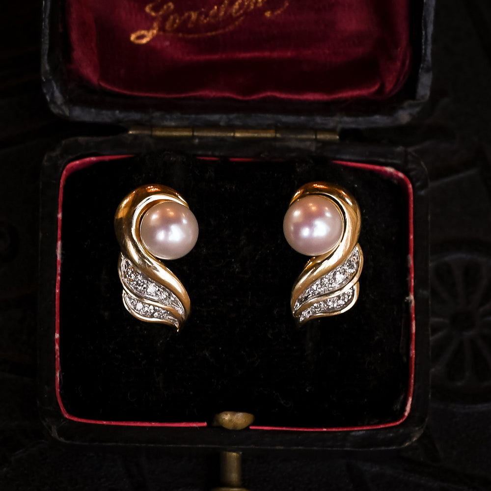 1950s Pearl & Diamond Swan Stud Earrings