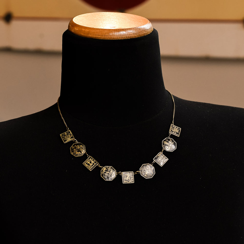 Art Deco Egyptian Revival Damascene Panel Necklace