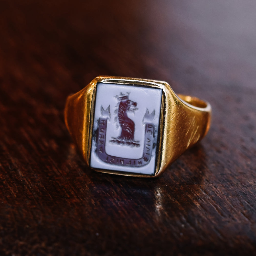 Victorian Sardonyx Crowned Lion Intaglio Signet Ring