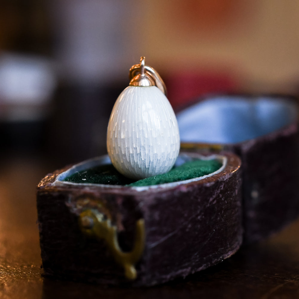 Imperial Russian White Enamel Miniature Egg Pendant