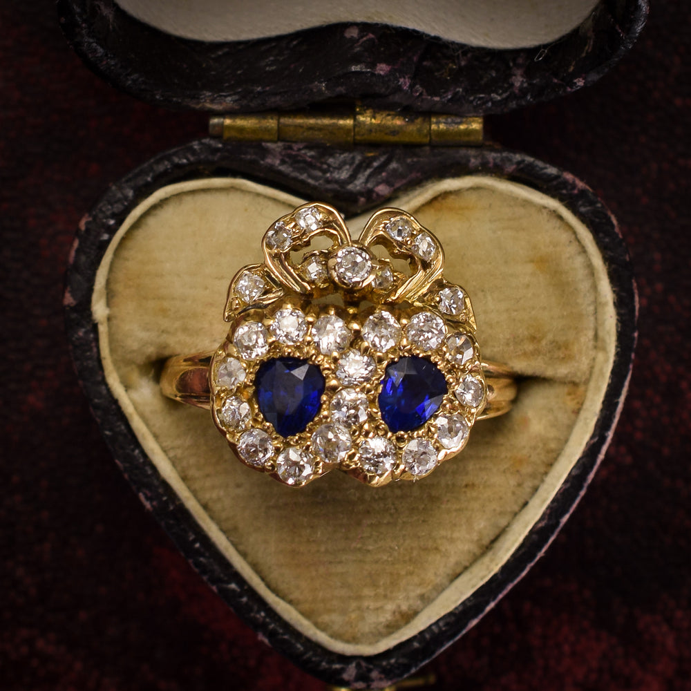 Victorian Sapphire & Diamond Bowed Double Heart Ring