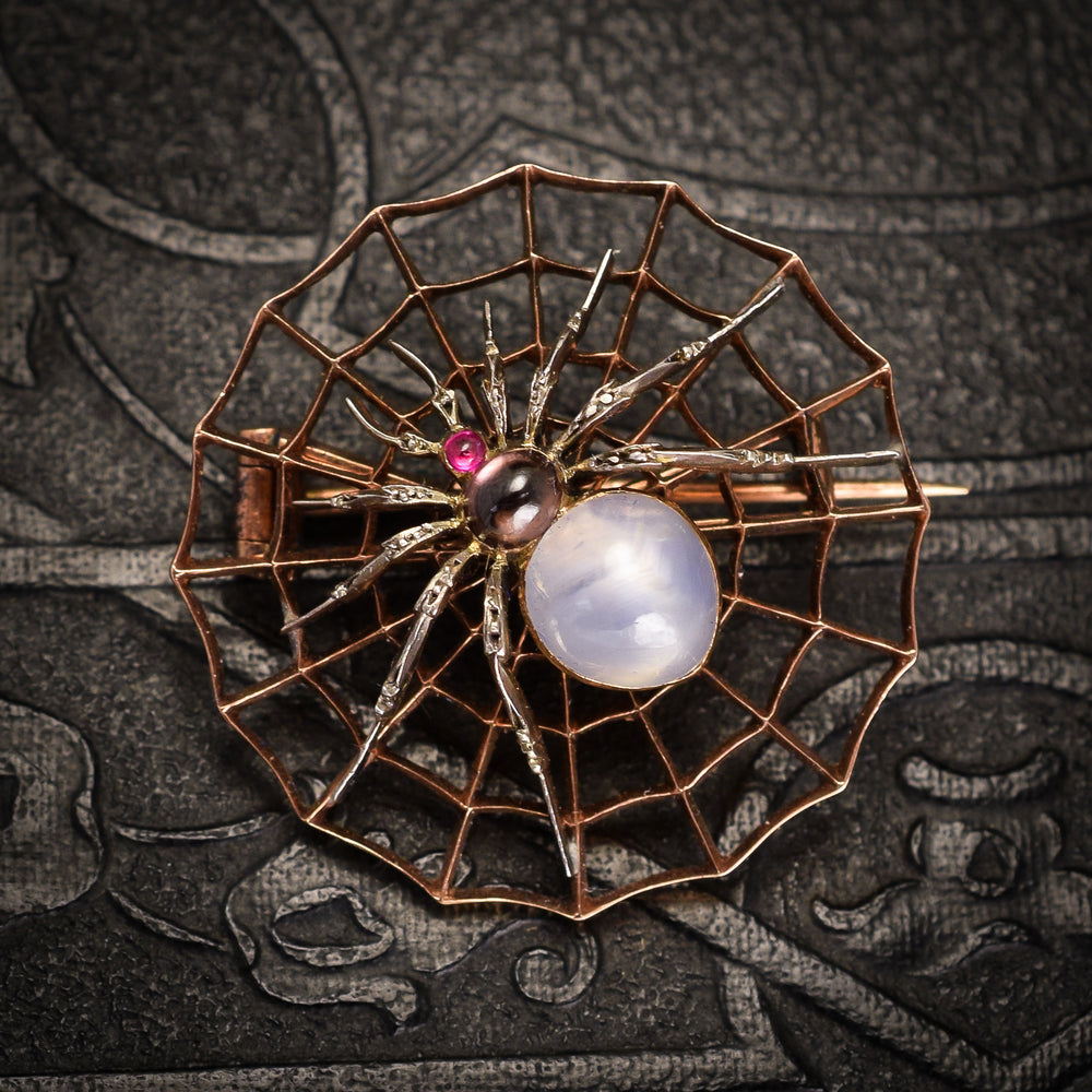 Victorian Star Sapphire Spider & Web Brooch by Carlo Giuliano