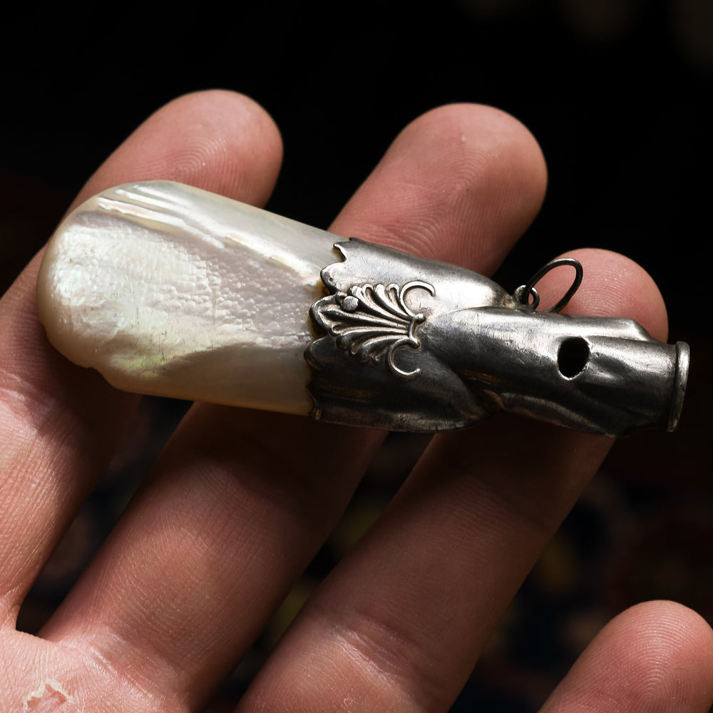 Mid Victorian Mother of Pearl Silver Whistle Pendant