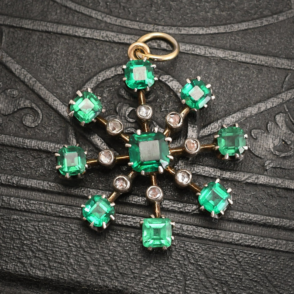 Victorian Emerald Paste & Diamond Starburst Pendant