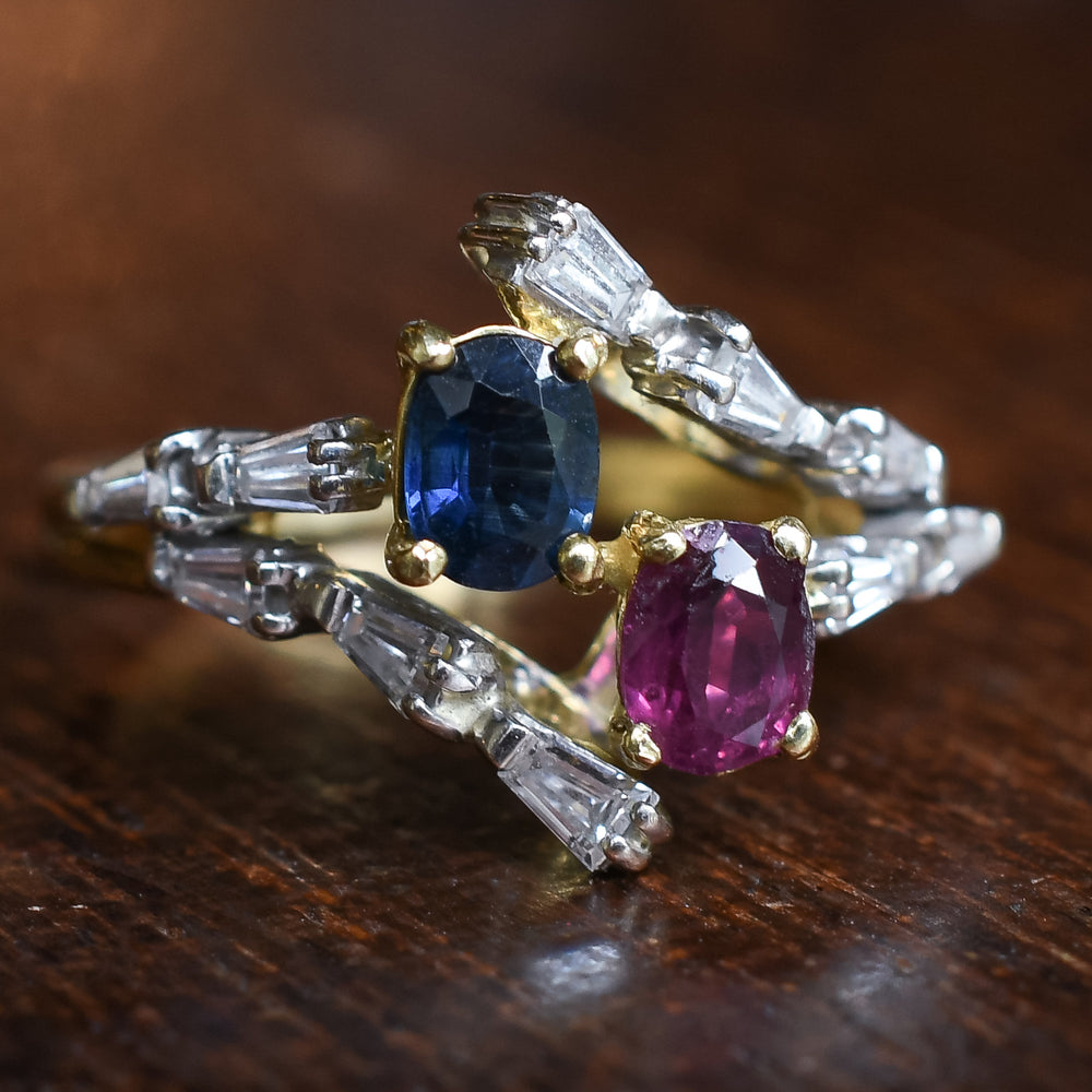 1980s Sapphire & Ruby Toi et Moi Ring