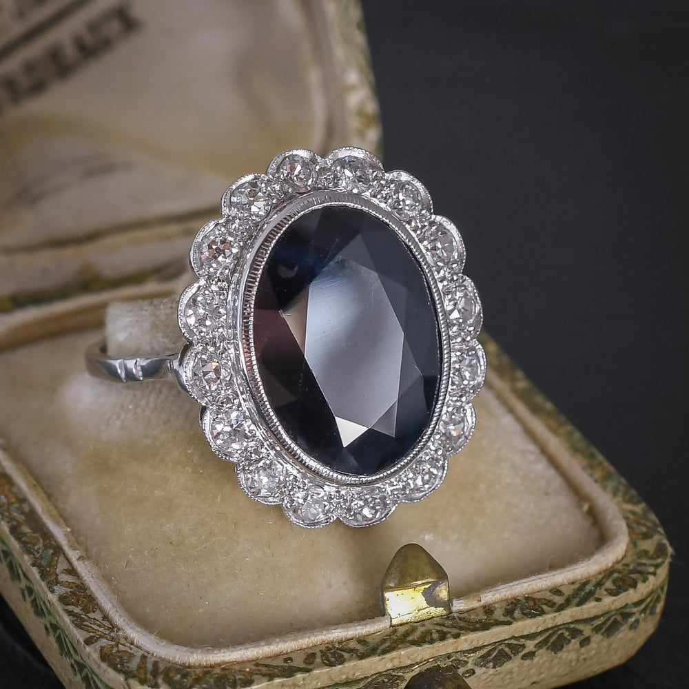 Art Deco 8.90ct Sapphire & Diamond Flower Cluster Ring