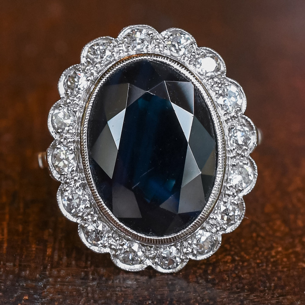 Art Deco 8.90ct Sapphire & Diamond Flower Cluster Ring
