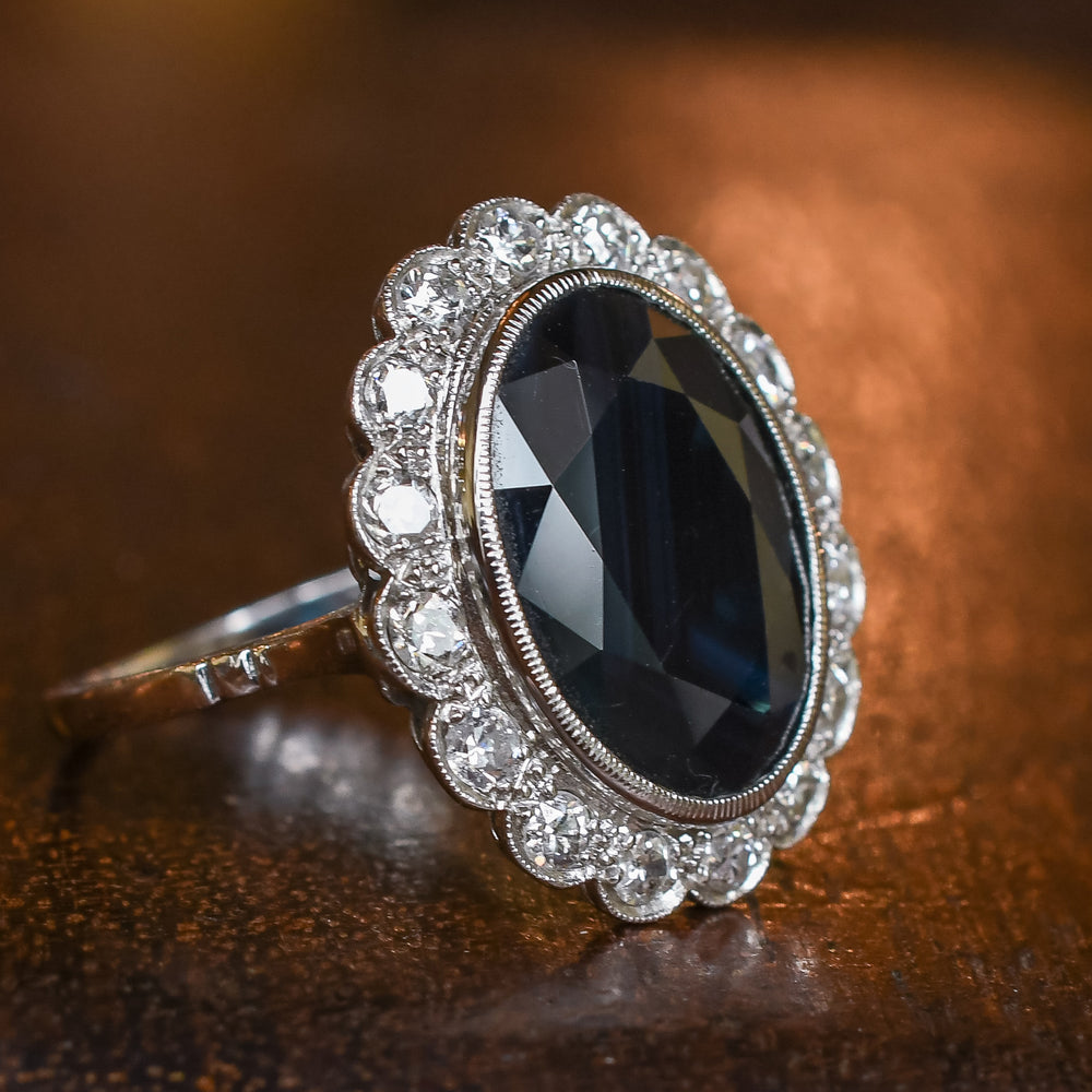Art Deco 8.90ct Sapphire & Diamond Flower Cluster Ring