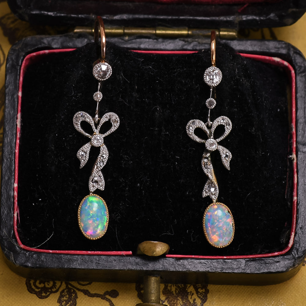 Edwardian Opal & Diamond Bow Earrings