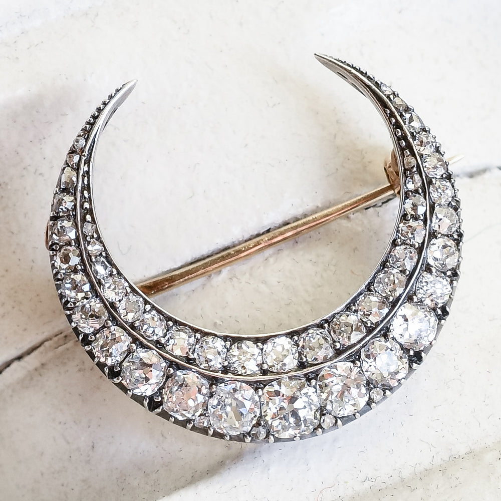 Victorian 3.0ct Old Cut Diamond Crescent Moon Brooch Pendant