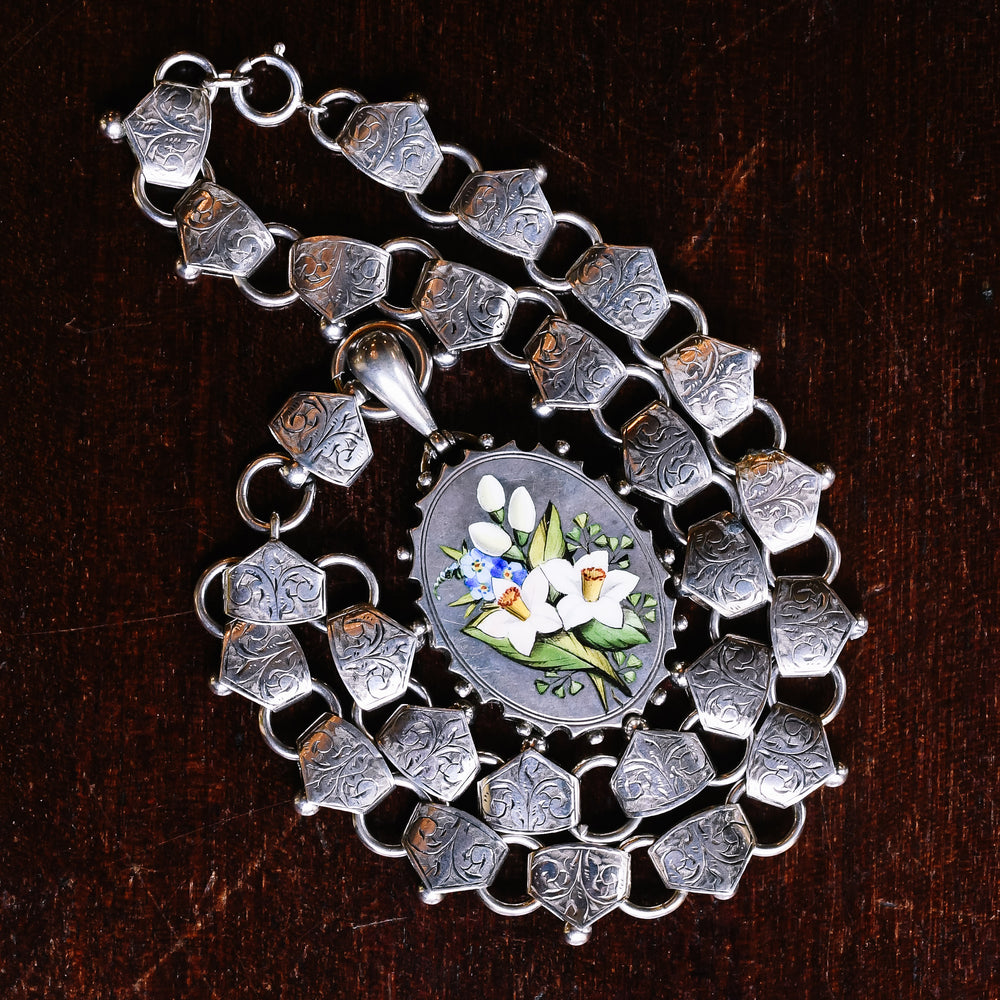 Victorian Enamel Language of Flowers Locket & Collar Necklace