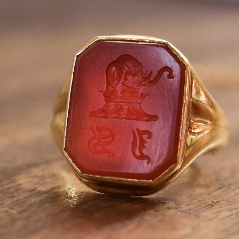 Victorian Carnelian Elephant Intaglio Signet Ring