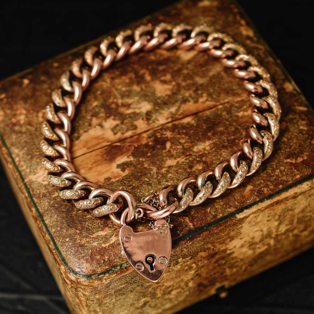 Victorian Rose Gold Curb-Link Bracelet with Heart Padlock