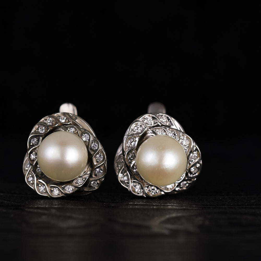 Mid-Century Pearl & Diamond Halo Earrings