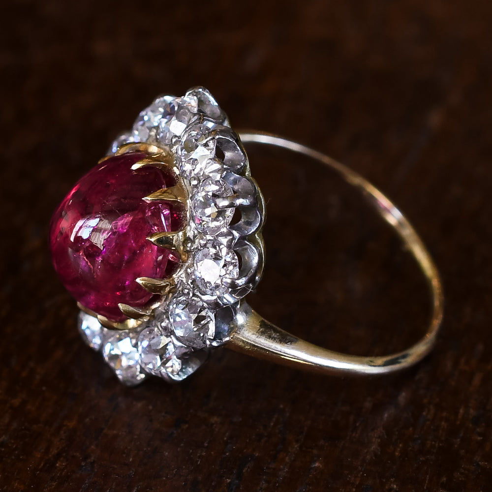 Victorian 3.63ct Burma Ruby Cabochon & Diamond Cluster Ring