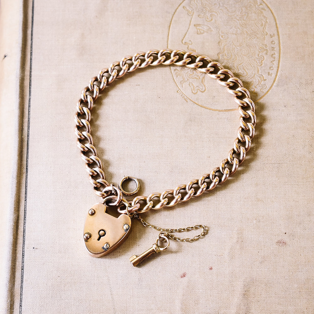 Victorian 15k Gold Curb-Link Bracelet with Heart Padlock