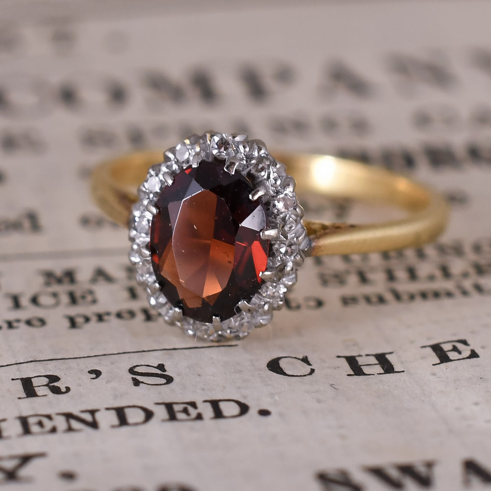 Edwardian Garnet & Diamond Oval Cluster Ring
