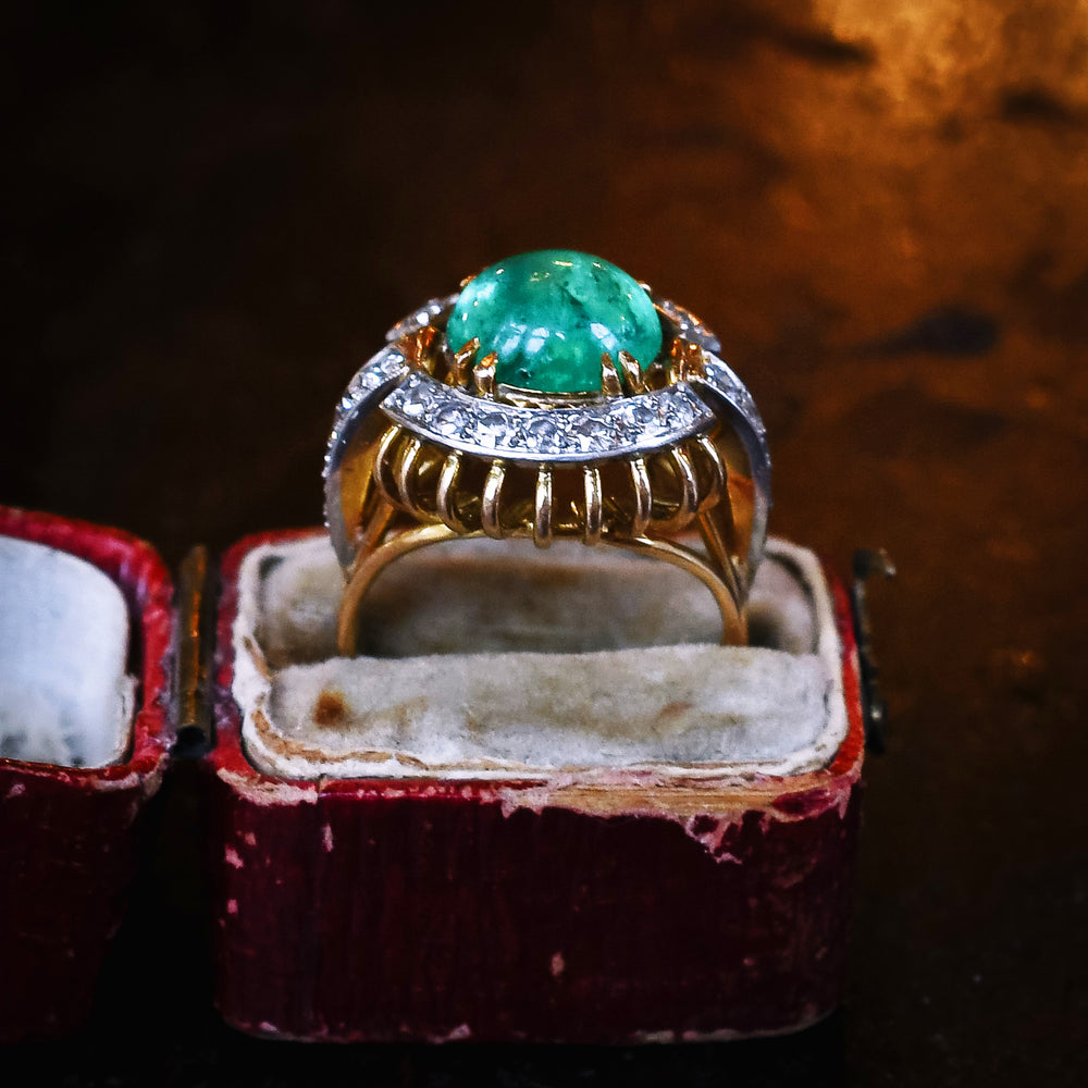 Vintage Cabochon Emerald & Diamond Cocktail Ring