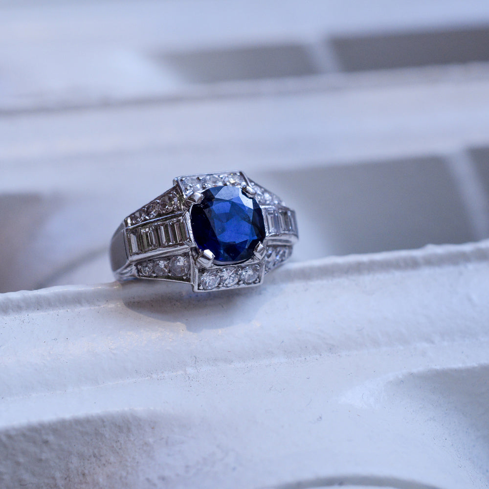 French Art Deco Sapphire & Diamond Cocktail Ring