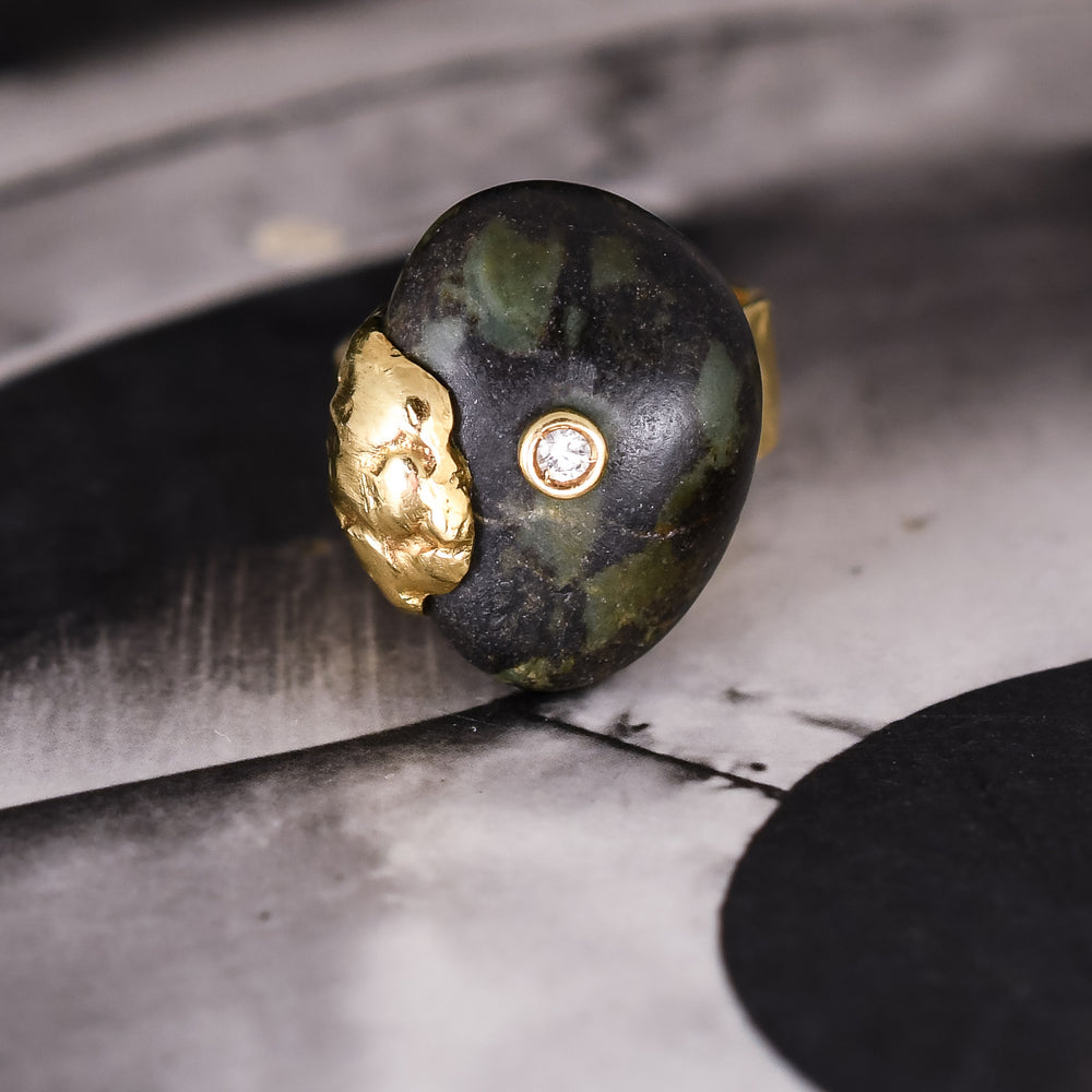 1970s Brutalist Hematite & Diamond Ring