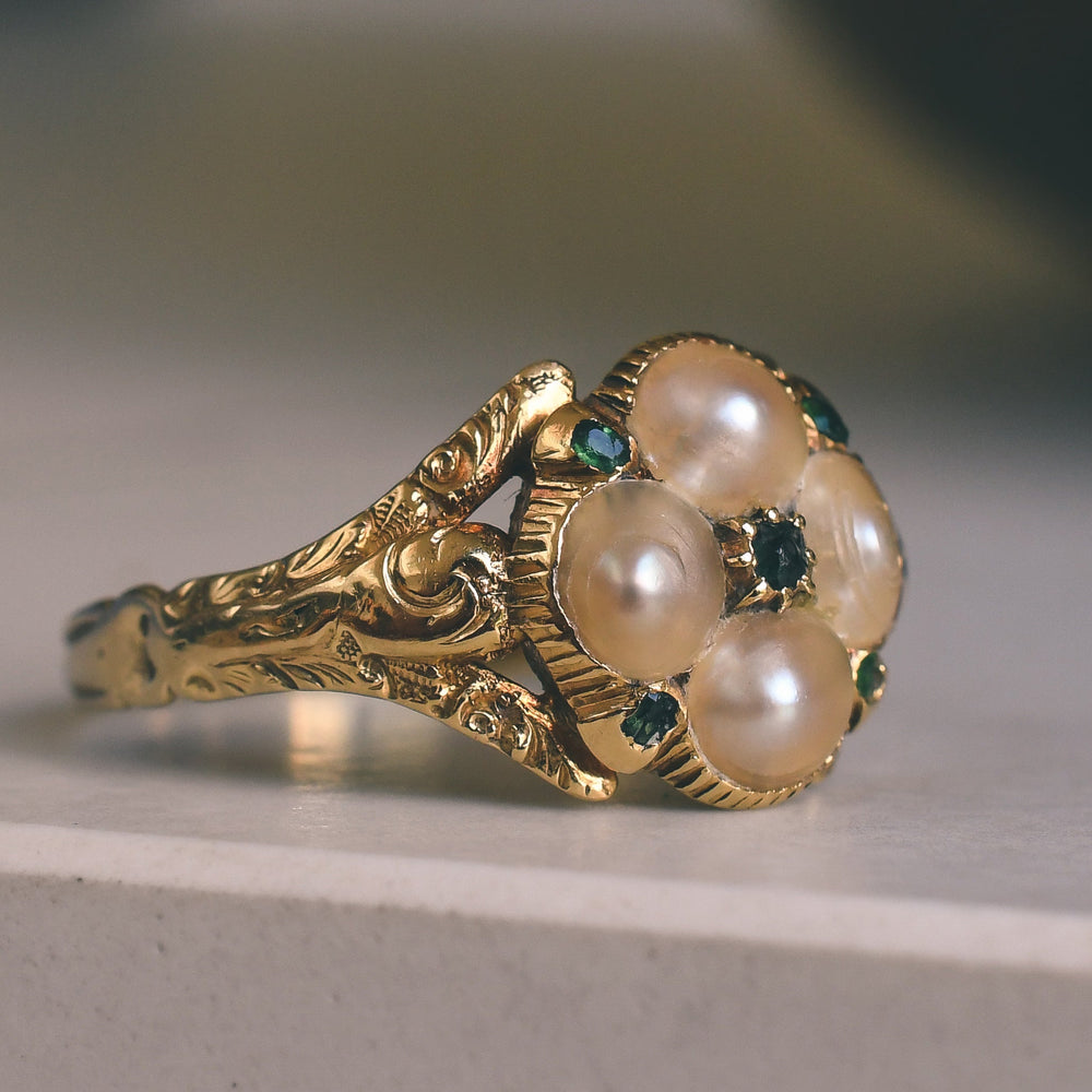 Georgian Pearl & Emerald Cluster Ring