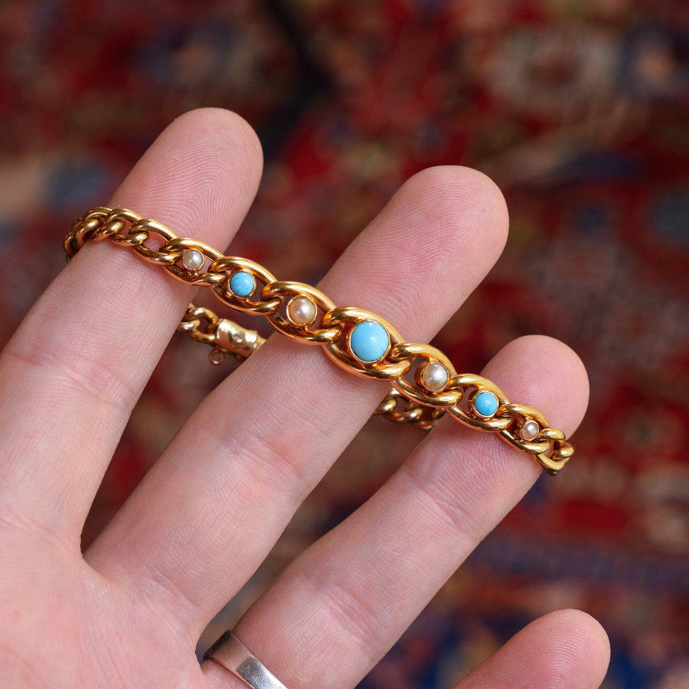 Victorian Turquoise & Pearl Curb-Link Bracelet