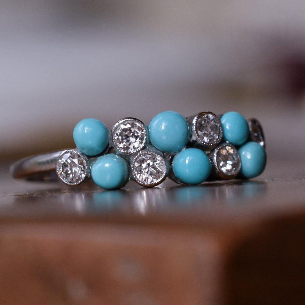 Edwardian Turquoise & Diamond Double Row Ring
