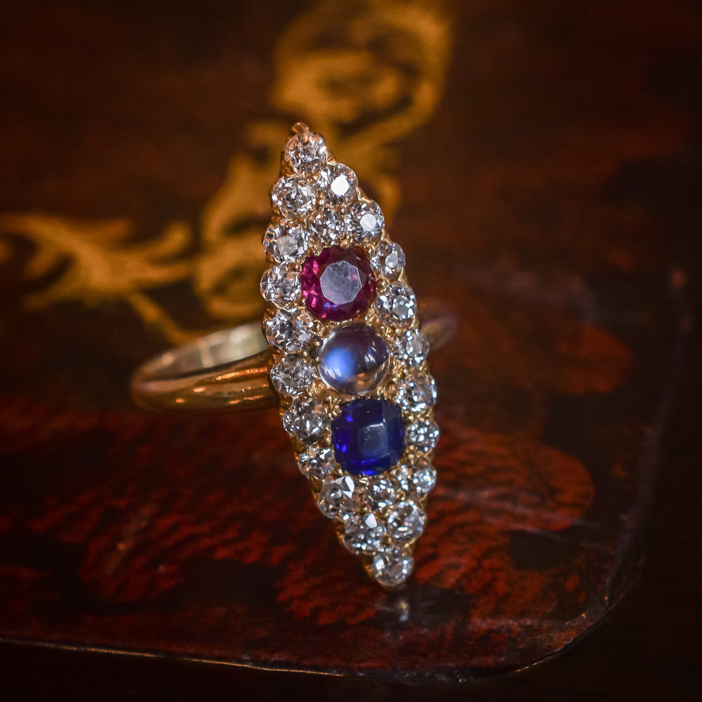 Victorian Moonstone, Ruby, Sapphire & Diamond Marquise Ring