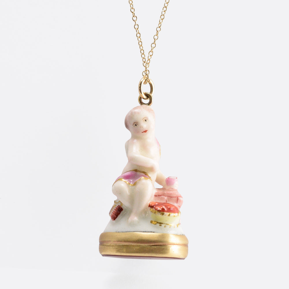 18th Century Derby Chelsea “Cupid on Pedestal with Hearts” Porcelain Fob Pendant