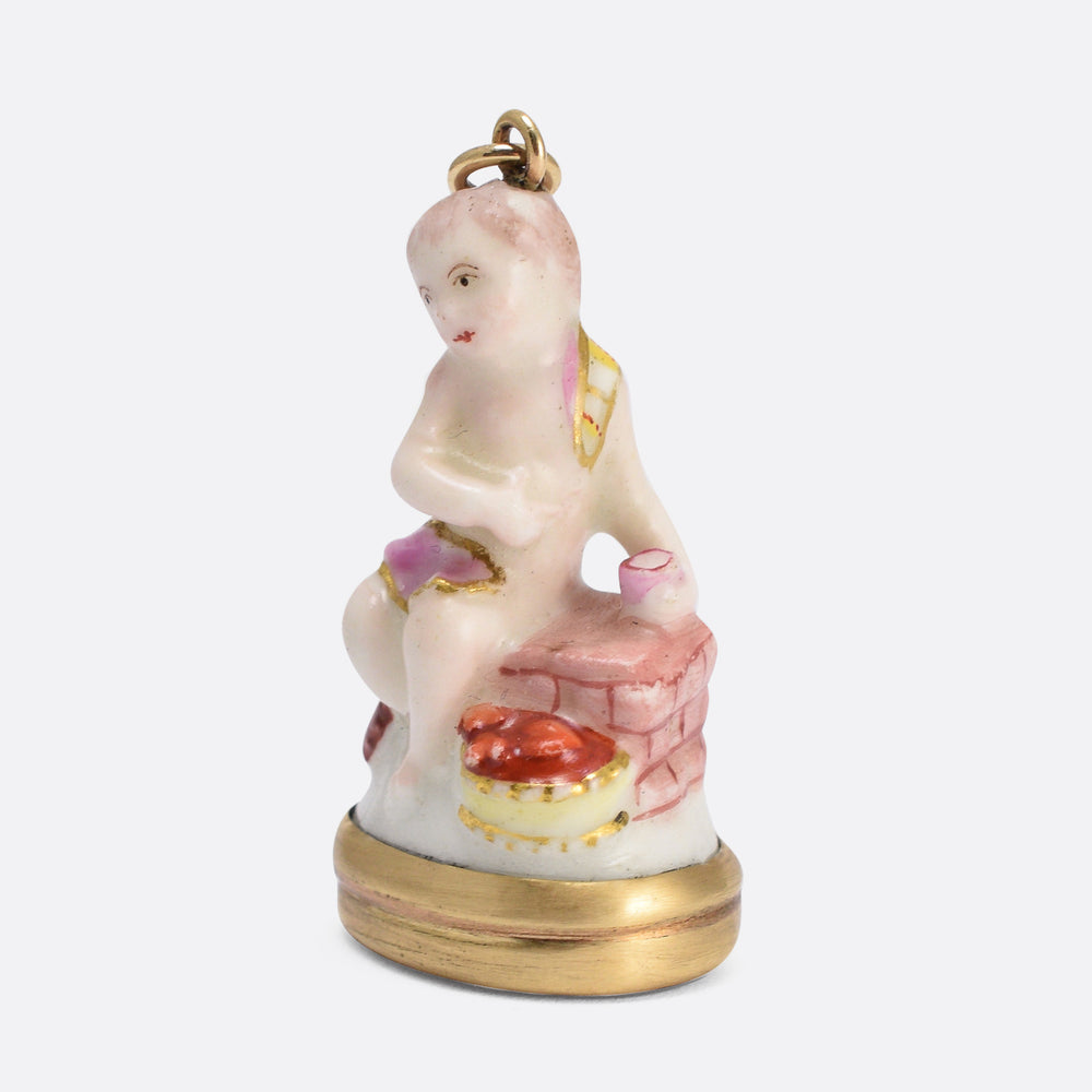 18th Century Derby Chelsea “Cupid on Pedestal with Hearts” Porcelain Fob Pendant