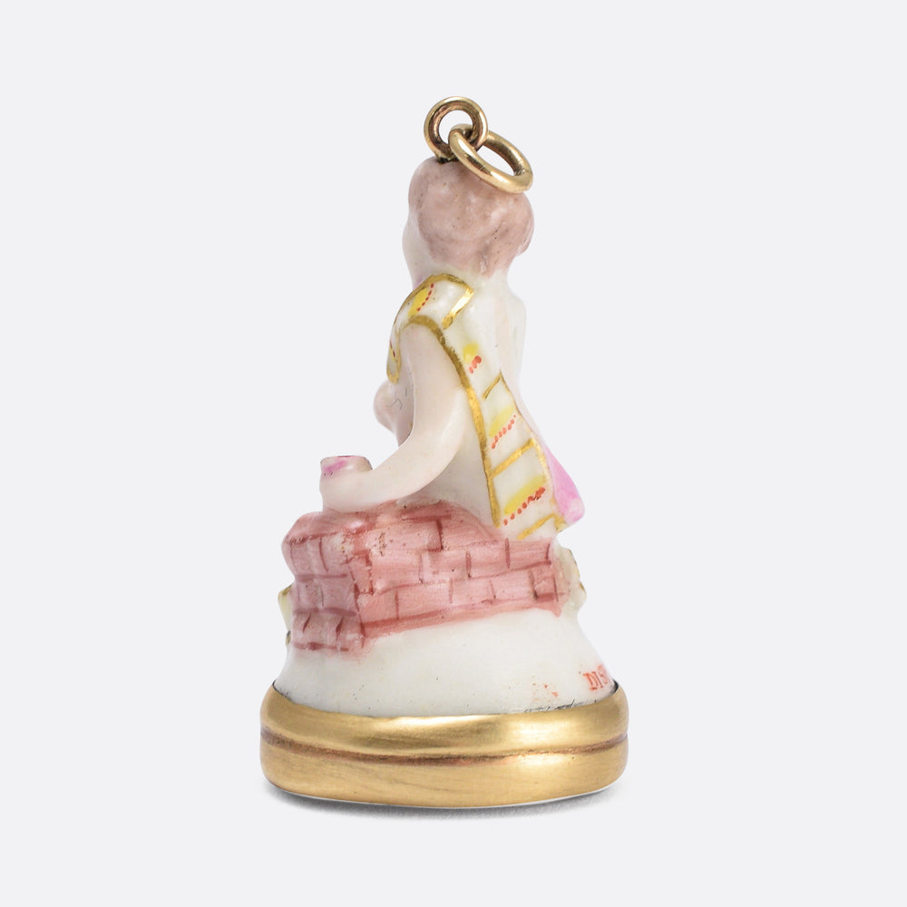 18th Century Derby Chelsea “Cupid on Pedestal with Hearts” Porcelain Fob Pendant