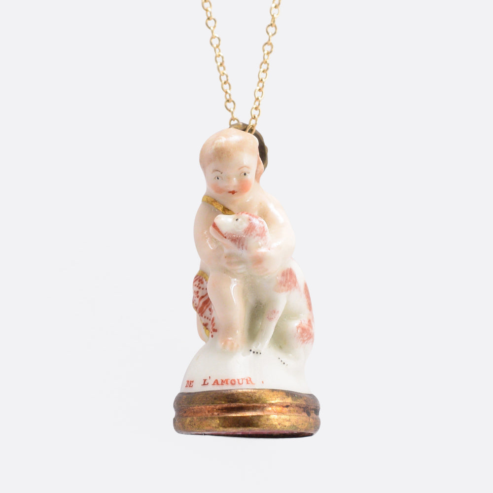 18th Century Derby Chelsea Porcelain “Cupid Caressing Dog” Fob Pendant