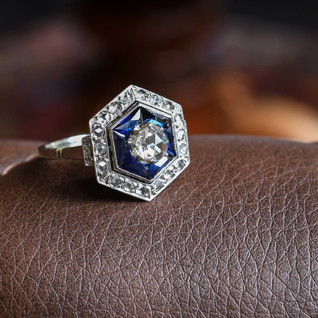 Art Deco Diamond Sapphire Hexagonal Target Ring