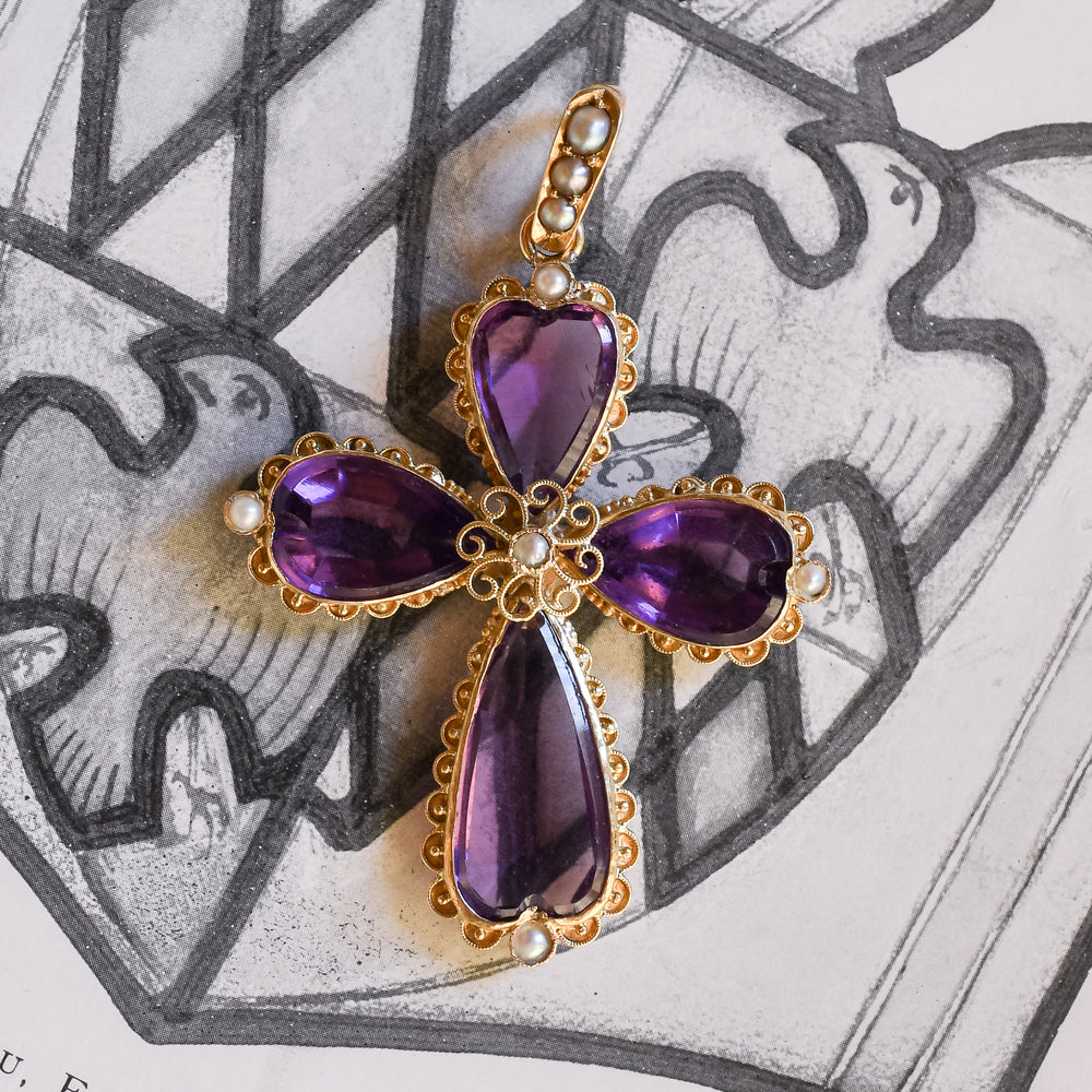 Late Victorian Amethyst & Pearl Cross Pendant