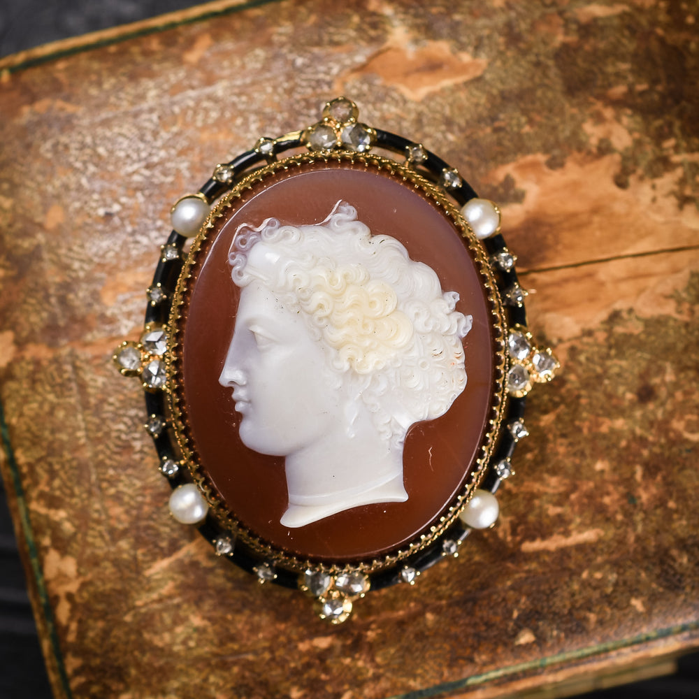 Mid-Victorian Diamond Pearl Hardstone Cameo Brooch