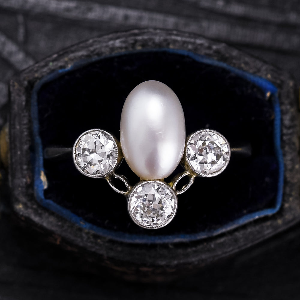 Edwardian Oval Pearl & Diamond Cocktail Ring