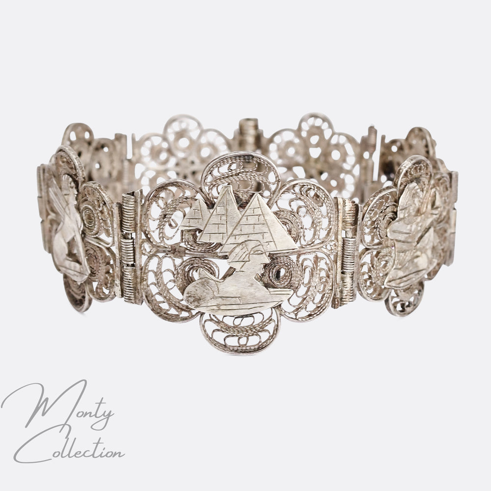 1920s Egyptian Revival Silver Filigree Bracelet