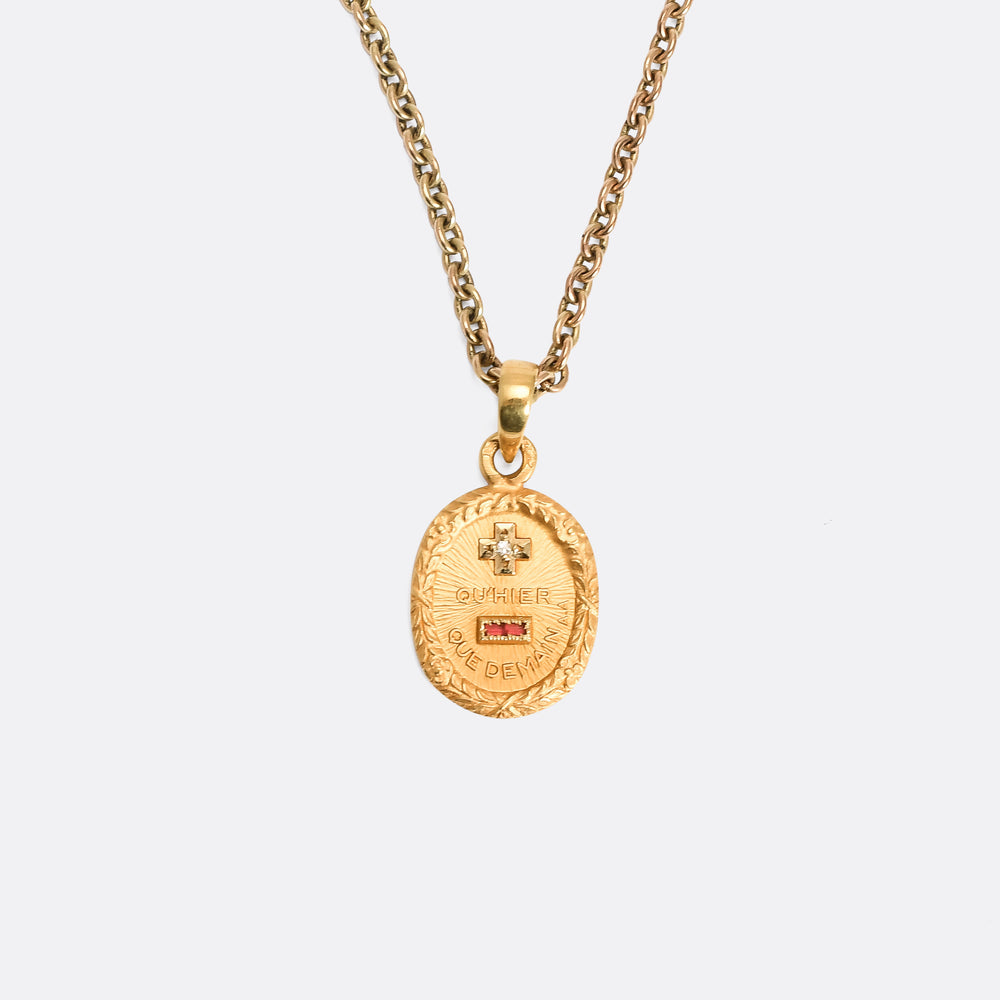 1920s Plus Qu'Hier Moins Que Demain Love Token Pendant
