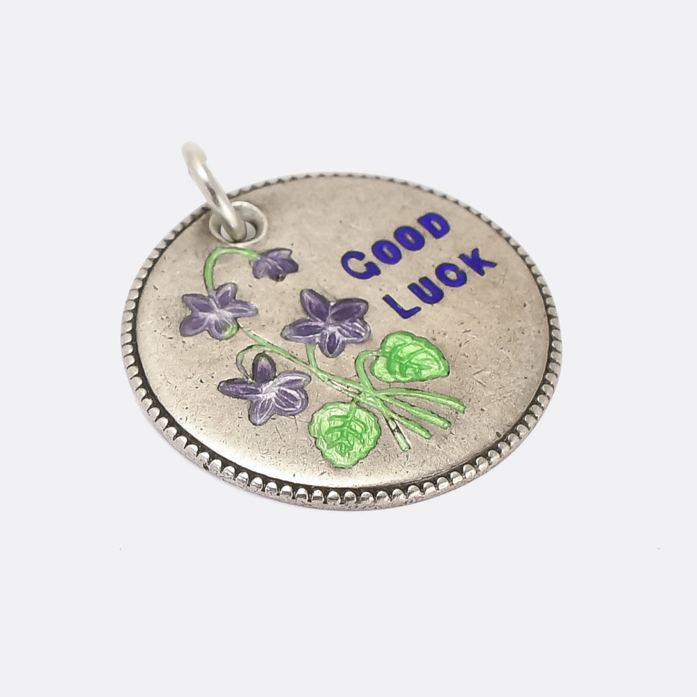 1920s Silver Enamel Pansy 'Good Luck' Pendant
